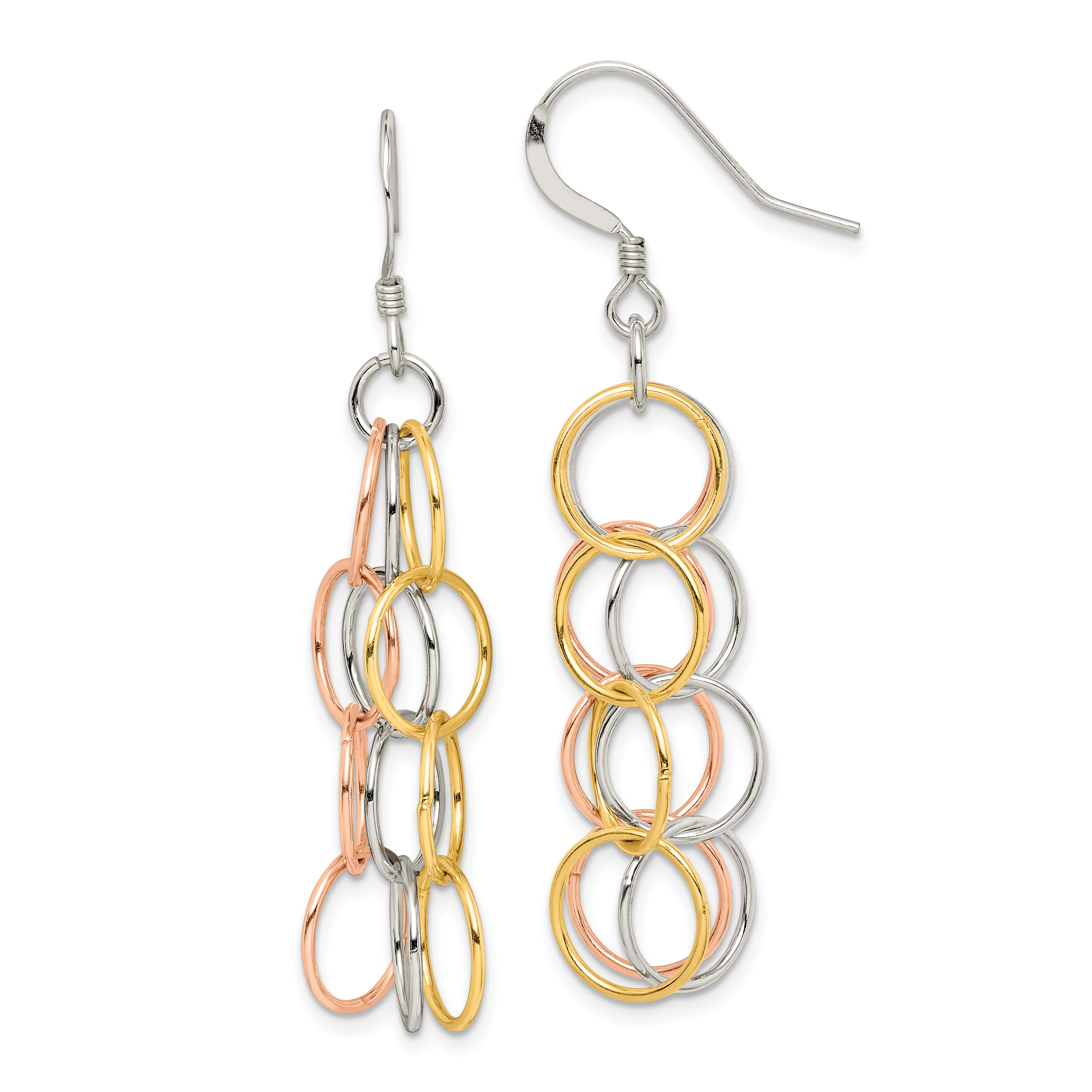 Sterling Silver w/ Tri-color Vermeil Polished Circle Link Dangle Earrings (QE7239)