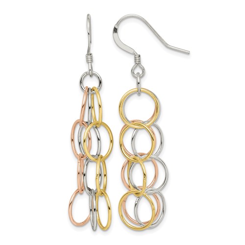 Sterling Silver Earrings with Tri-color Vermeil Polished Circle Link Dangle