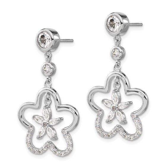 Sterling Silver Polished CZ Flower Post Dangle Earrings
