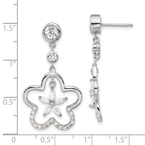 Sterling Silver Polished CZ Flower Post Dangle Earrings
