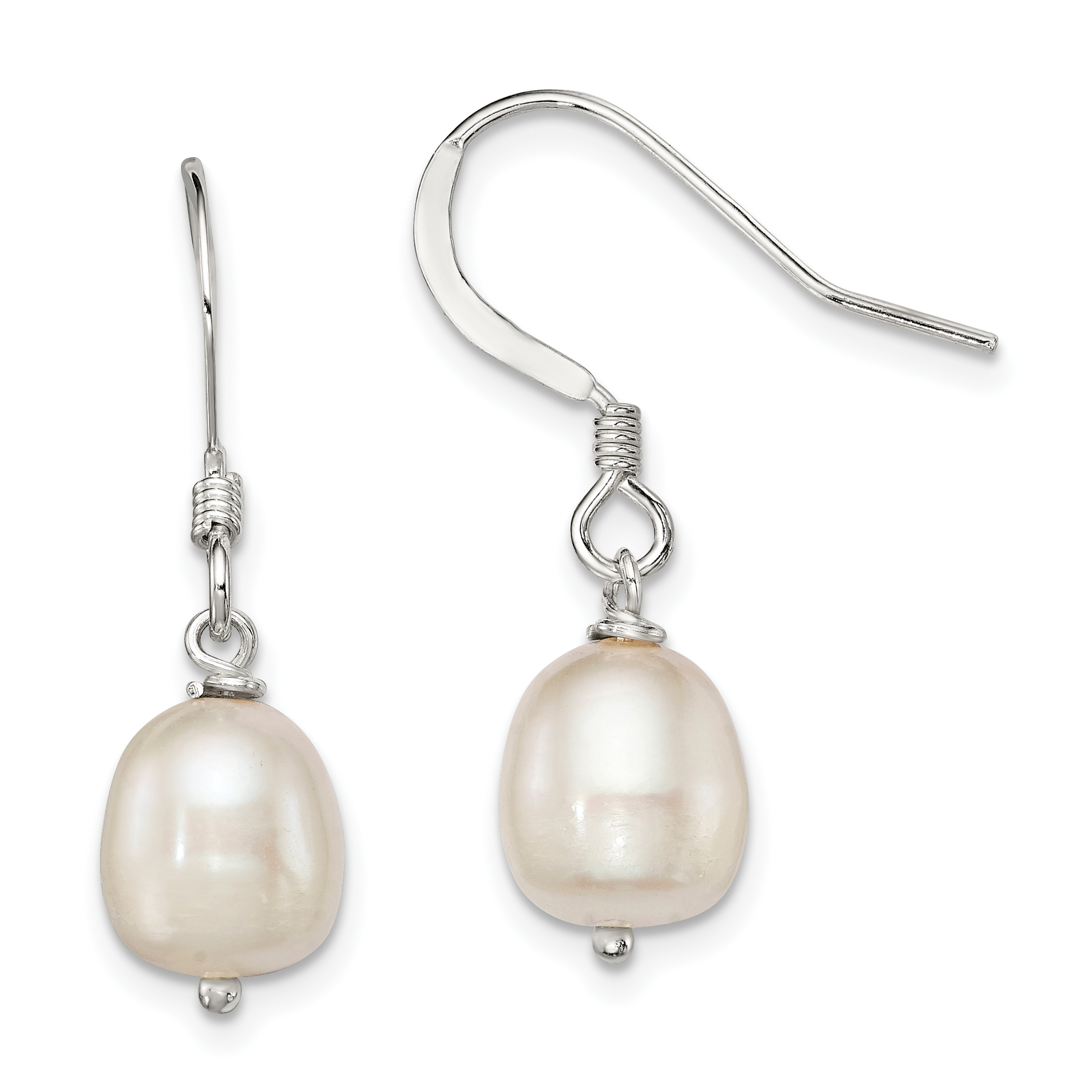 Sterling Silver Polished White 7-8mm Freshwater Cultured Pearl Dangle Earrings (QE7293)