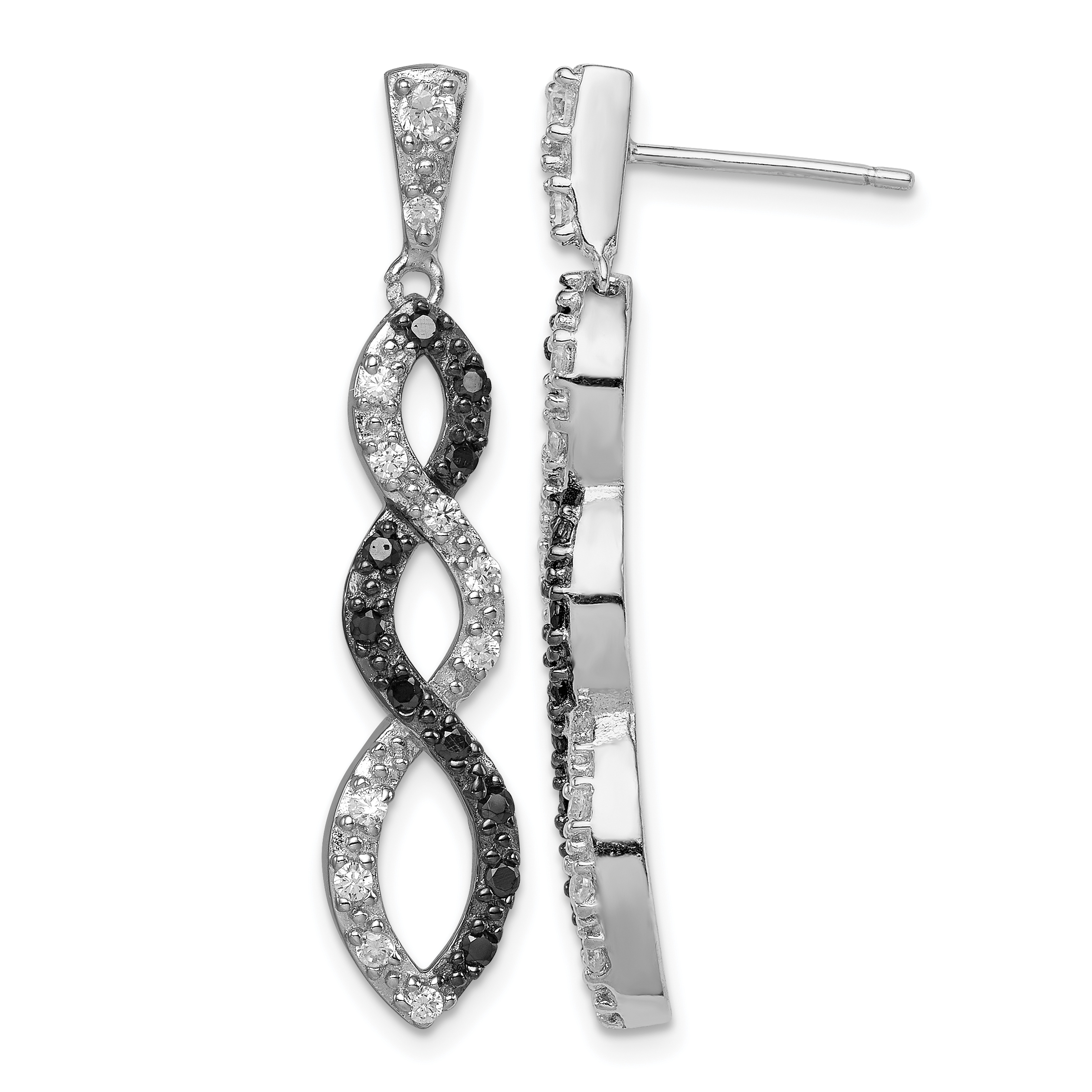 Sterling Silver Rhod-plated Black & White CZ Twist Post Dangle Earrings (QE7337)