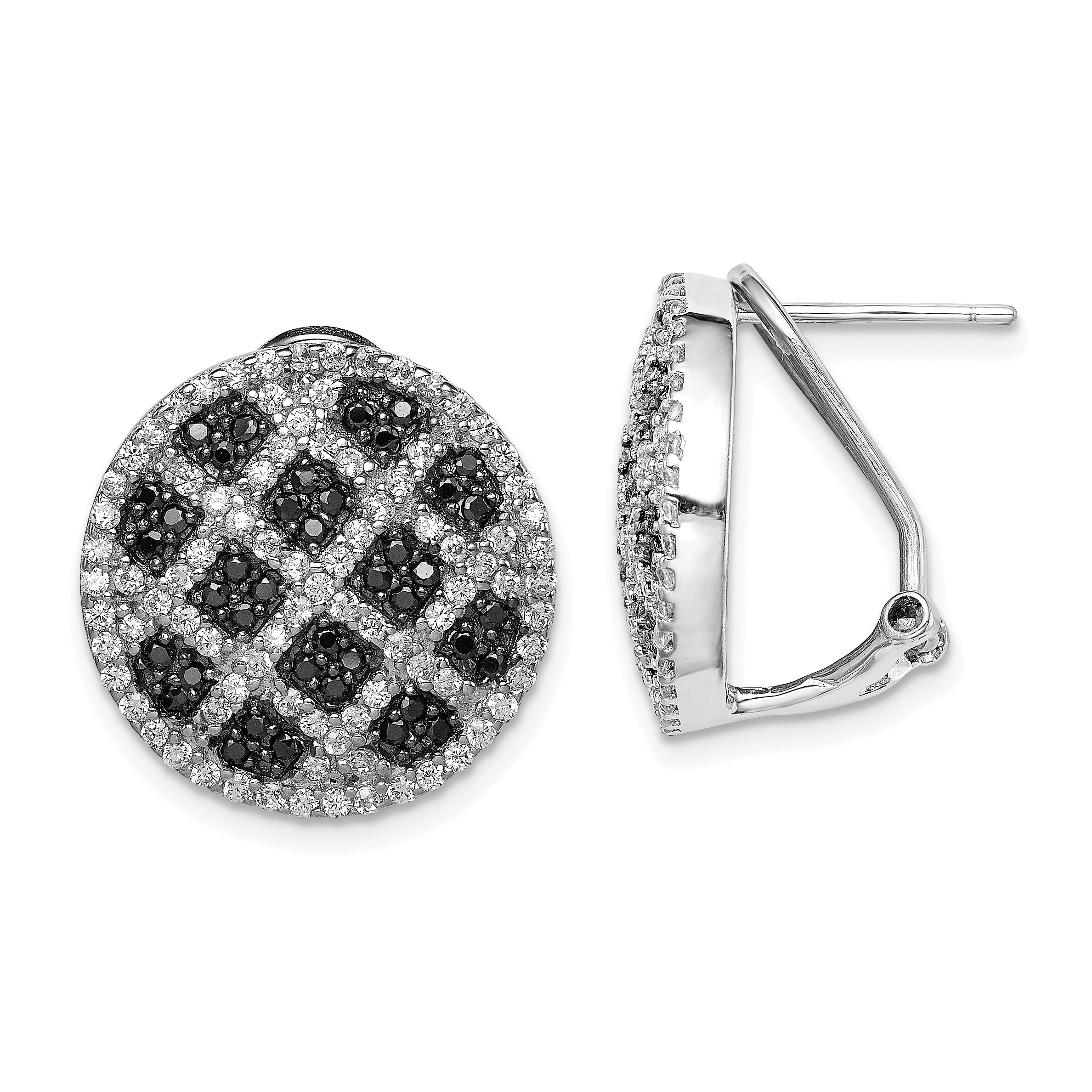 Sterling Silver Rhod-pltd Black/White CZ Criss Cross Omega Back Earrings (QE7343)