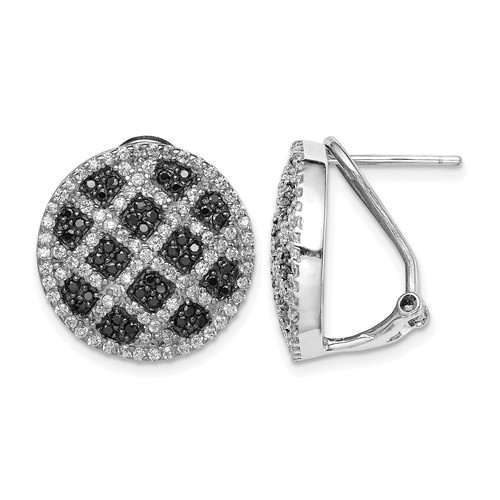 Sterling Silver Rhod-pltd Black White CZ Criss Cross Omega Back Earrings