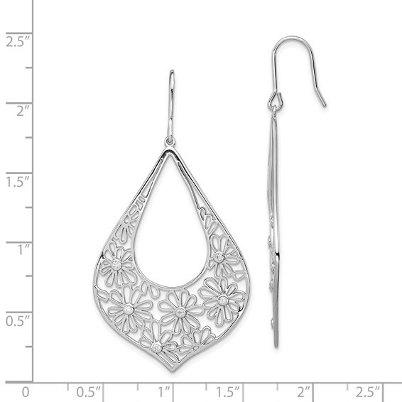 Sterling Silver Rhodium-plated Polished CZ Floral Teardrop Dangle Earrings