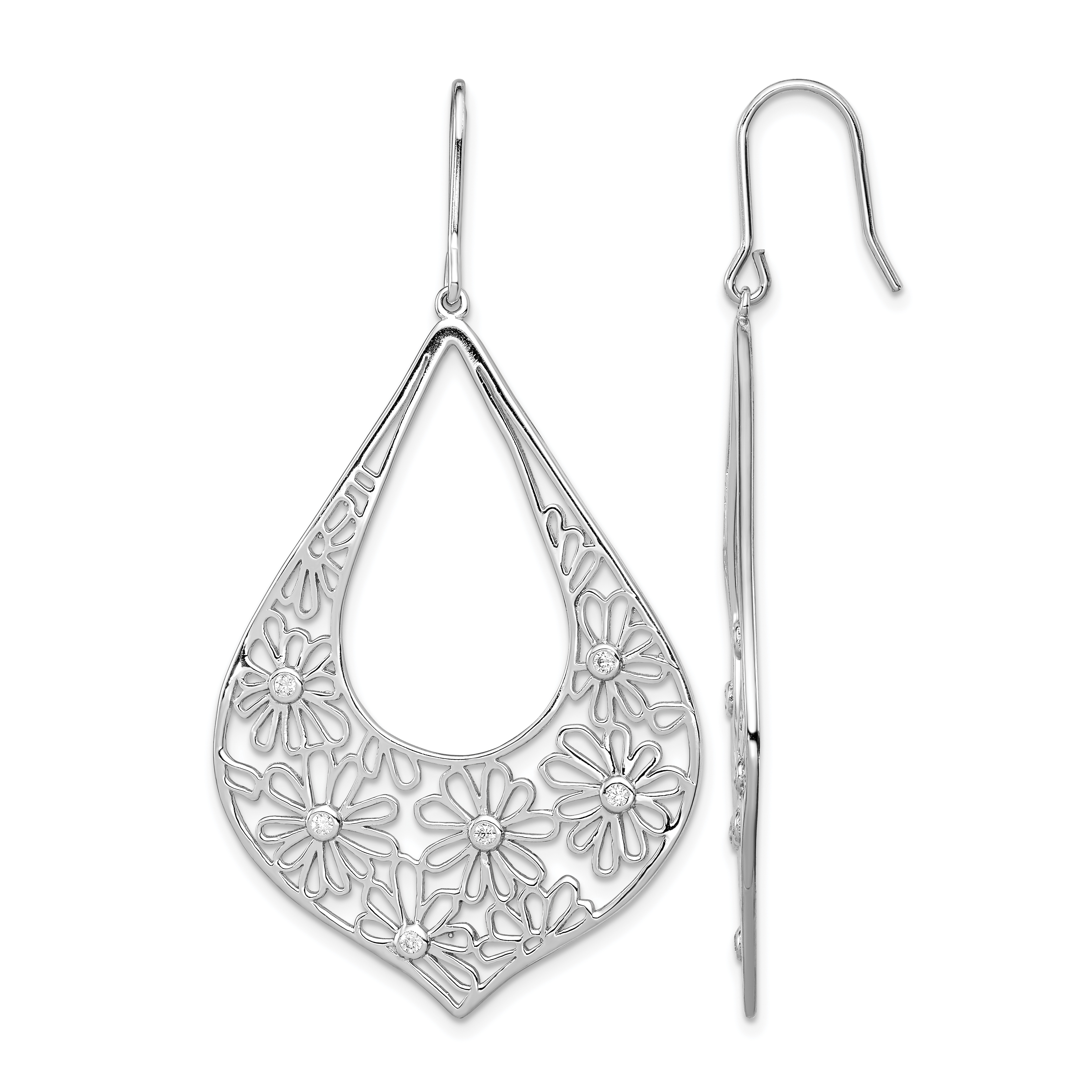 Sterling Silver Rhodium-plated Polished CZ Floral Teardrop Dangle Earrings (QE7360)