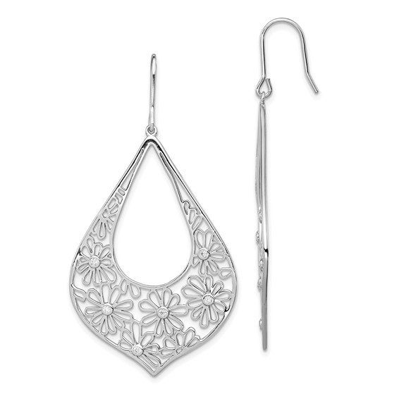 Sterling Silver Rhodium-plated Polished CZ Floral Teardrop Dangle Earrings