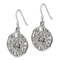 Sterling Silver Polished & Antiqued Filigree Circle Dangle Earrings view 2