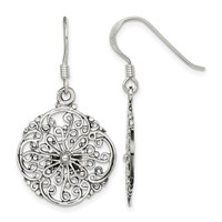Sterling Silver Polished & Antiqued Filigree Circle Dangle Earrings view 1
