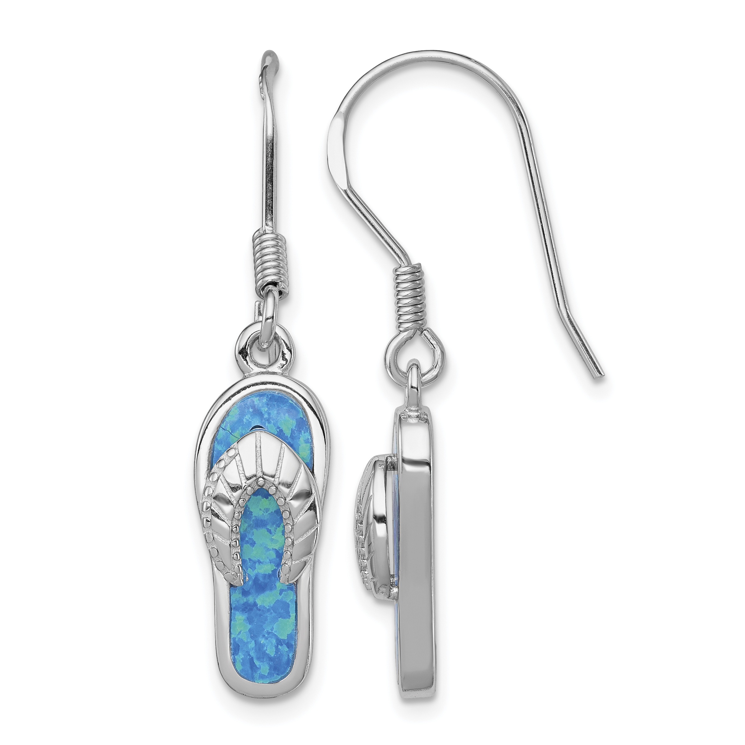 Sterling Silver Rhodium-plated Created Blue Inlay Opal Sandal Dangle Earrings (QE7433)