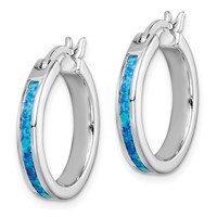 Sterling Silver Rhodium-plated Created Blue Opal Inlay Round Hoop Earrings view 2