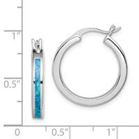 Sterling Silver Rhodium-plated Created Blue Opal Inlay Round Hoop Earrings view 4