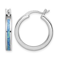 Sterling Silver Rhodium-plated Created Blue Opal Inlay Round Hoop Earrings view 1