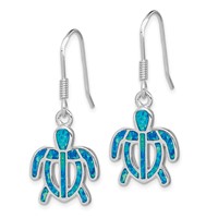 Sterling Silver Rhodium-plated Created Blue Opal Inlay Tortoise Dangle Earrings view 2