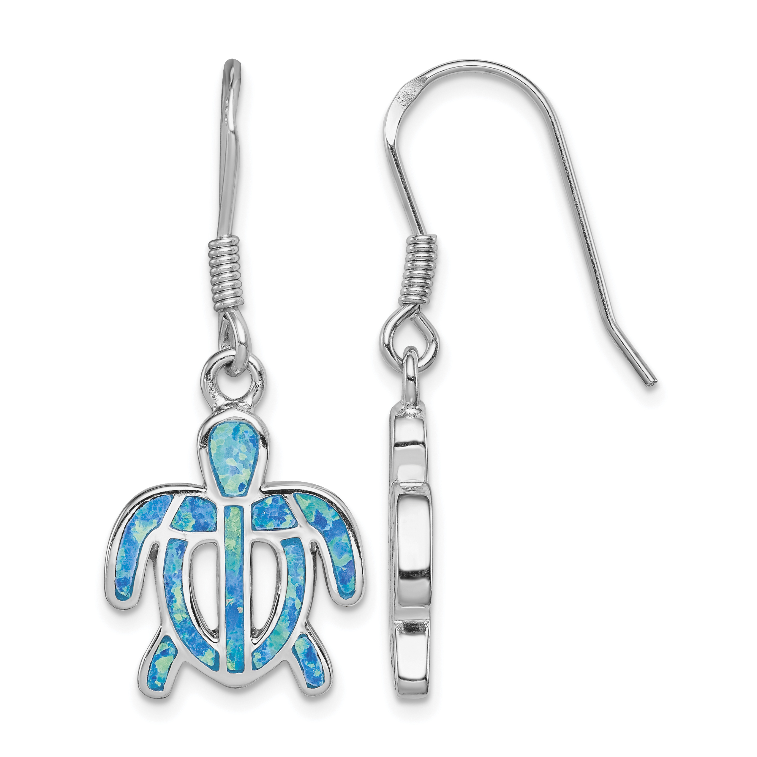 Sterling Silver Rhodium-plated Created Blue Opal Inlay Tortoise Dangle Earrings (QE7436)