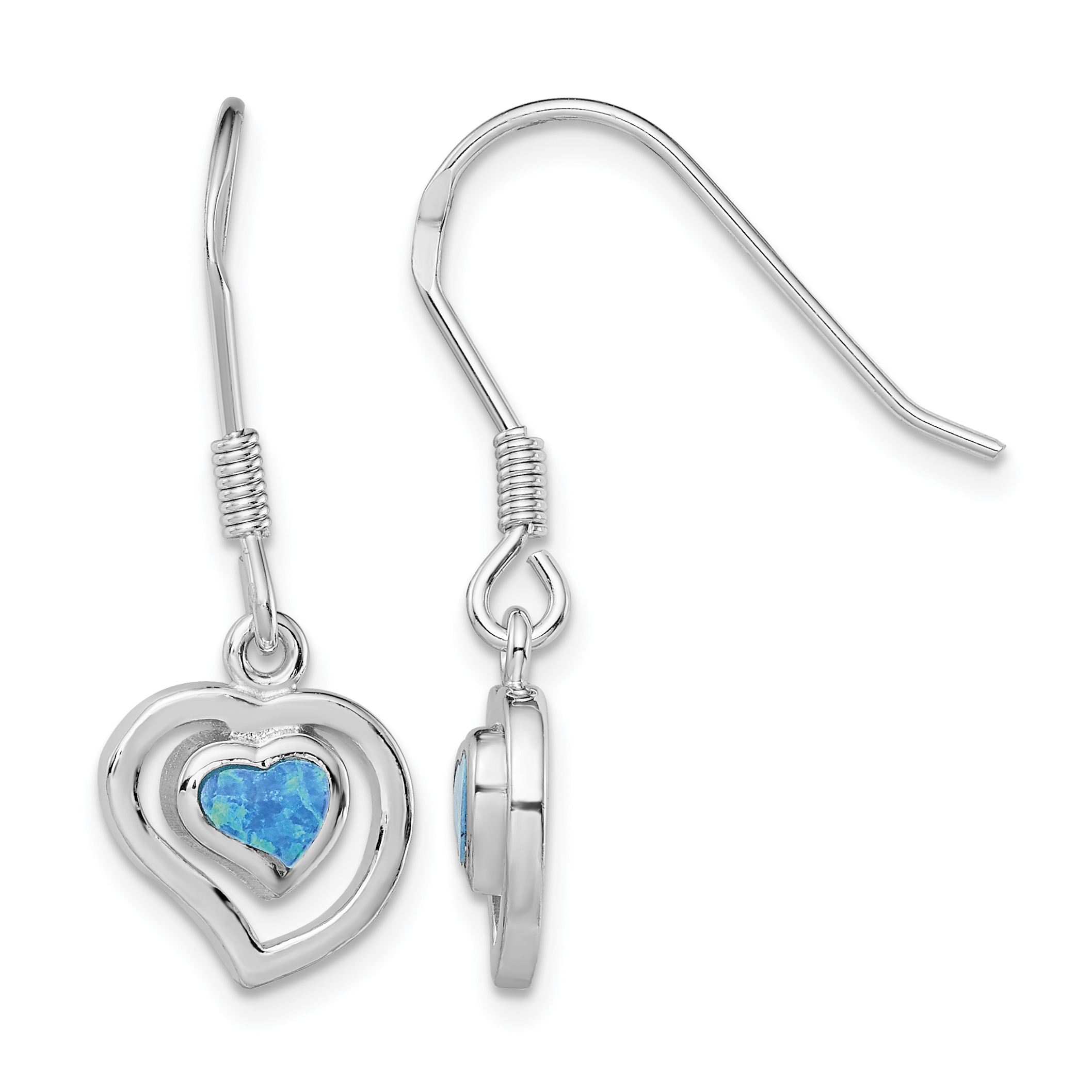 Sterling Silver Rhod-pltd Created Blue Opal Inlay Heart Dangle Earrings (QE7437)