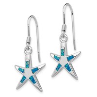 Sterling Silver Rhodium-plated Polished Created Blue Opal Inlay Starfish Dangle Earrings view 2