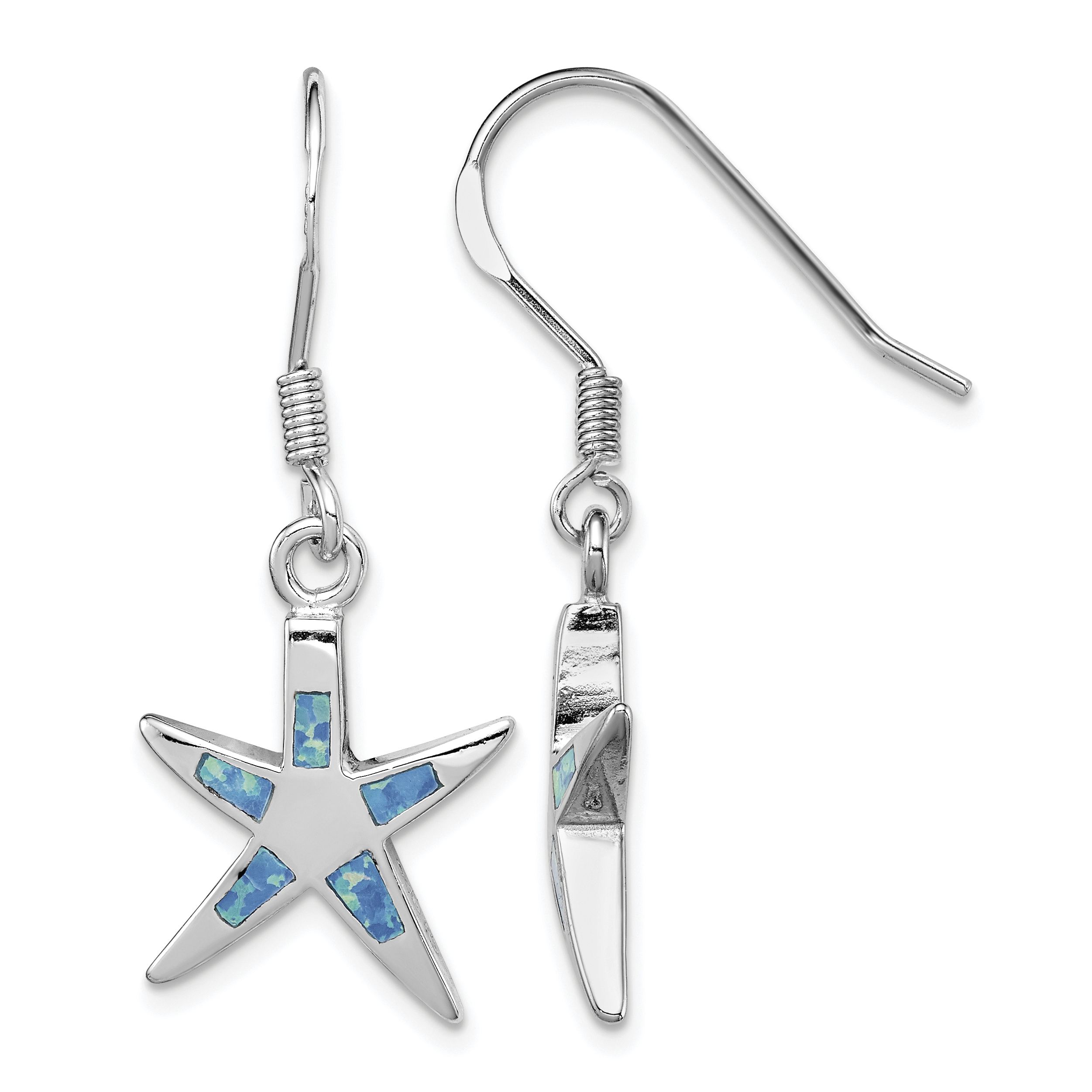 Sterling Silver Rhodium-plated Polished Created Blue Opal Inlay Starfish Dangle Earrings (QE7438)