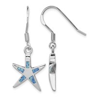 Sterling Silver Rhodium-plated Polished Created Blue Opal Inlay Starfish Dangle Earrings view 1