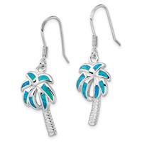 Sterling Silver Rhodium-plated Created Blue Opal Inlay Palm Tree Dangle Earrings view 2