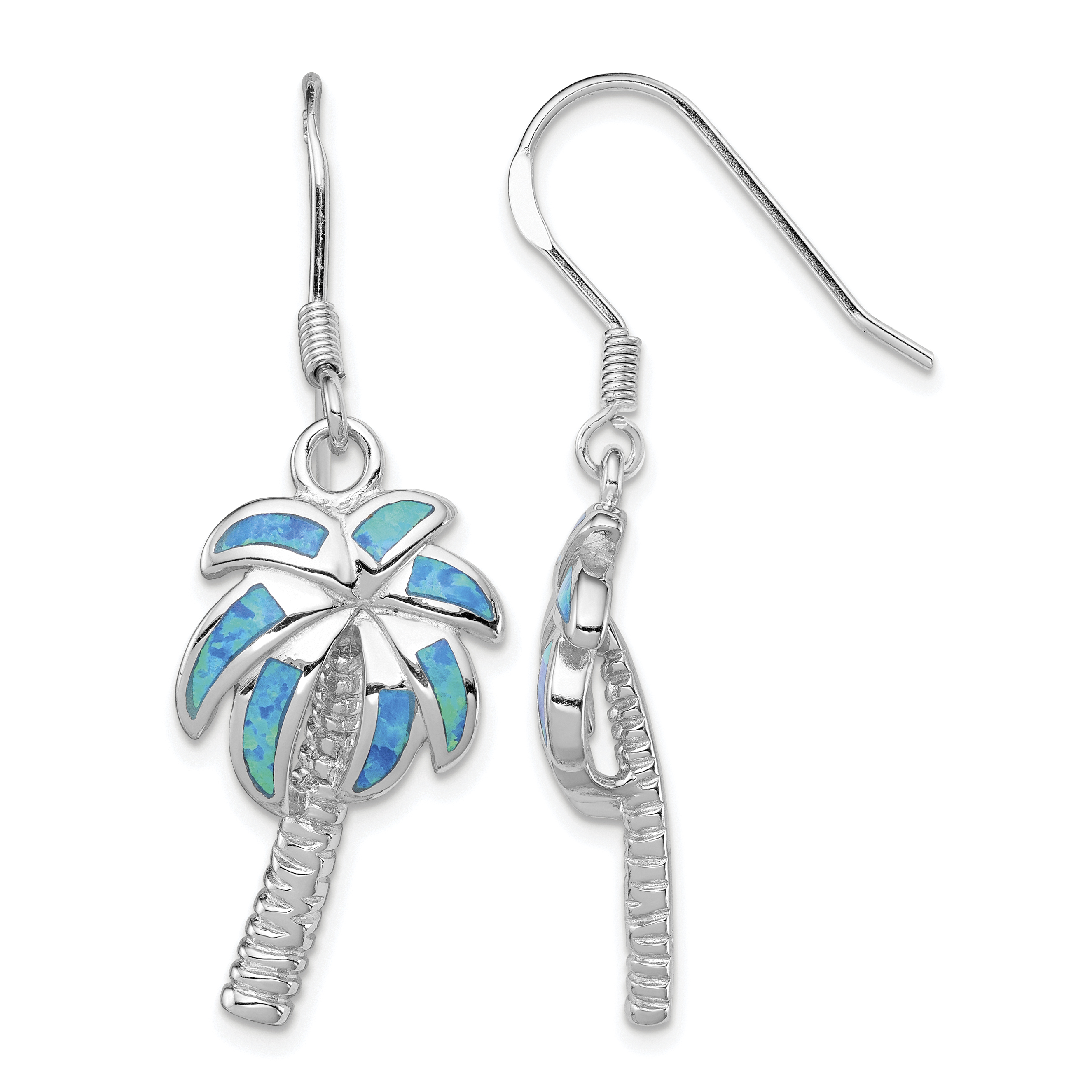 Sterling Silver Rhodium-plated Created Blue Opal Inlay Palm Tree Dangle Earrings (QE7441)