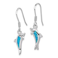 Sterling Silver Rhodium-plated Polished Created Blue Opal Inlay Dolphin Dangle Earrings view 2