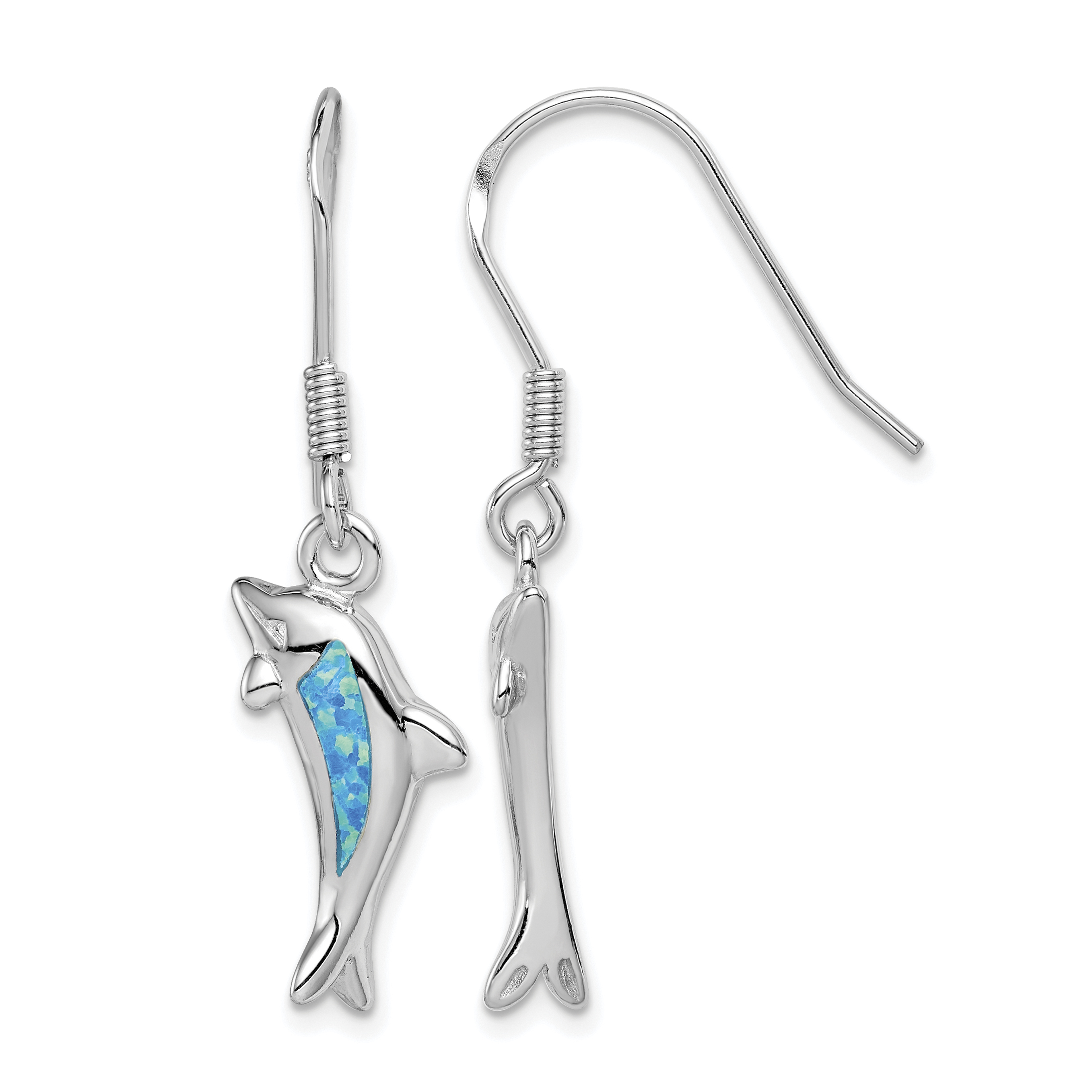 Sterling Silver Rhodium-plated Polished Created Blue Opal Inlay Dolphin Dangle Earrings (QE7442)