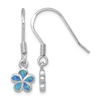 Sterling Silver Rhod-pltd Created Blue Opal Inlay Flower Dangle Earrings view 1