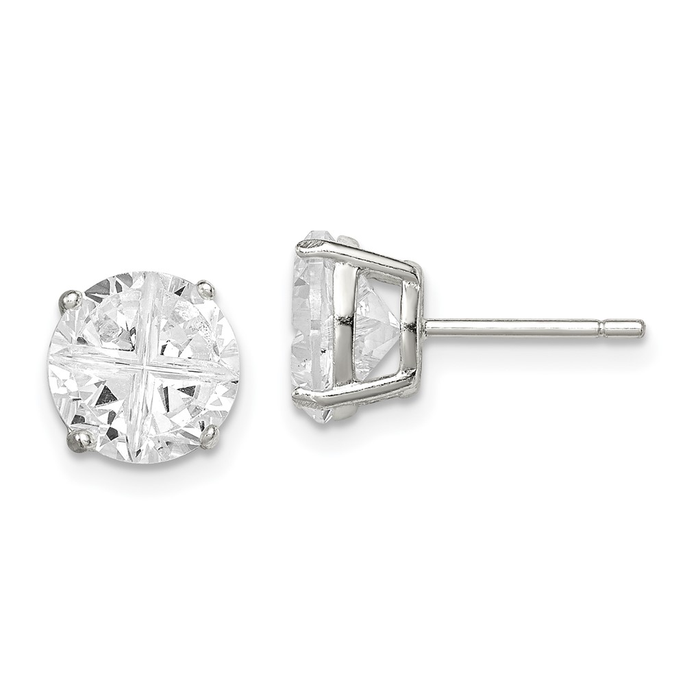 Sterling Silver 8mm Round Basket Set Cross-cut CZ Stud Earrings (QE7484)
