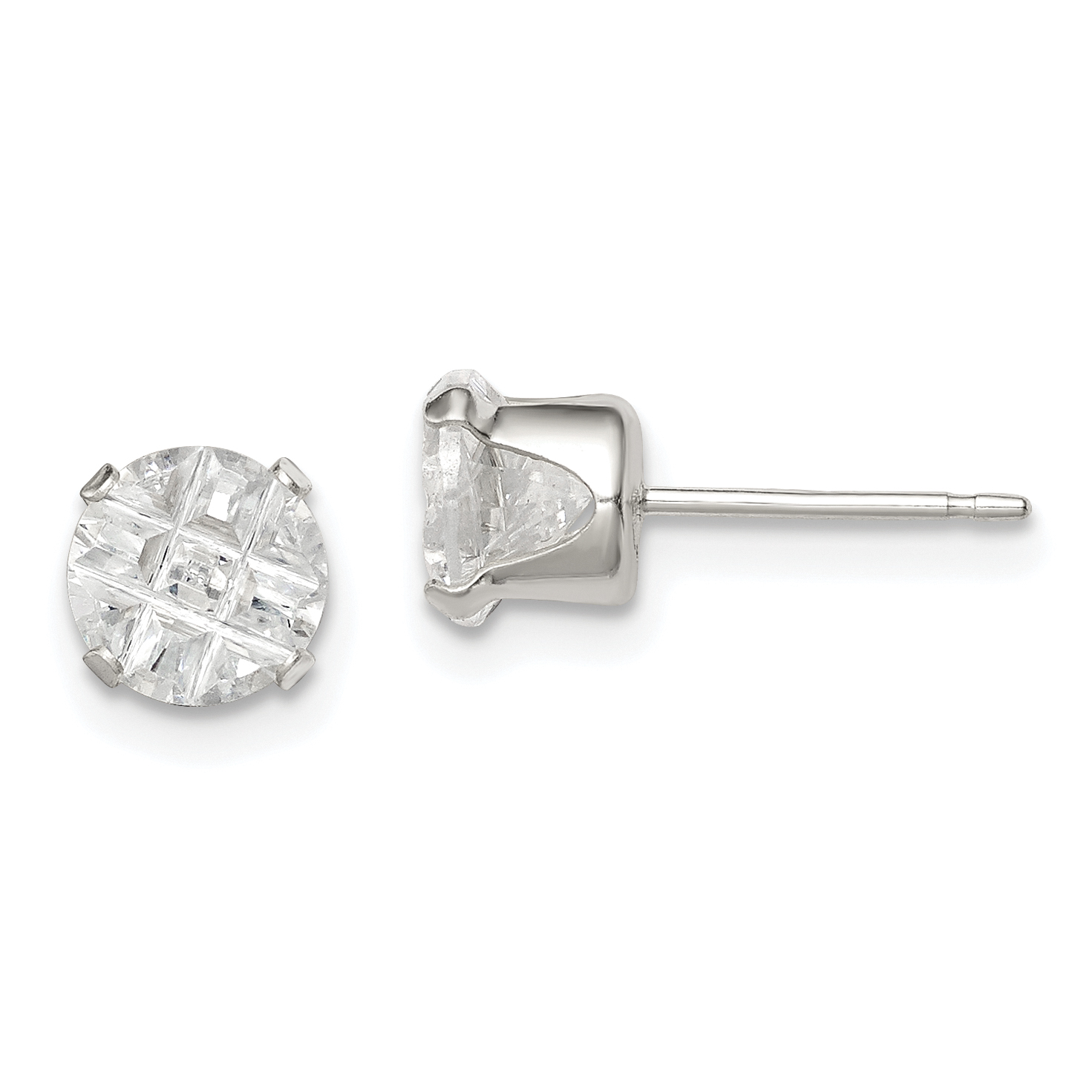 Sterling Silver 6mm Round Snap Set Laser-cut CZ Stud Earrings (QE7488)