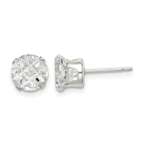 Sterling Silver 7mm Round Snap Set Laser-cut CZ Stud Earrings