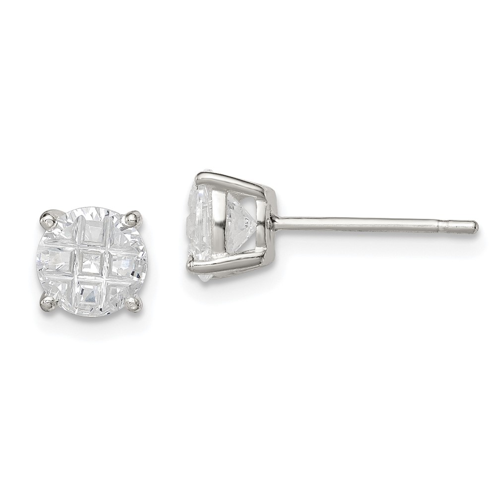 Sterling Silver 6mm Round Basket Set Laser-cut CZ Stud Earrings (QE7494)