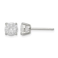 Sterling Silver 6mm Round Basket Set Laser-cut CZ Stud Earrings view 1