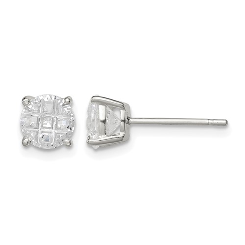 Sterling Silver 6mm Round Basket Set Laser-cut CZ Stud Earrings