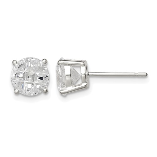 Sterling Silver 7mm Round Basket Set Laser-cut CZ Stud Earrings