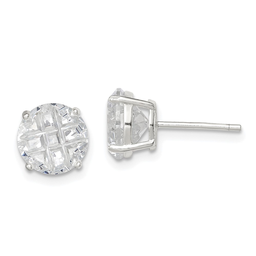 Sterling Silver 8mm Round Basket Set Laser-cut CZ Stud Earrings (QE7496)