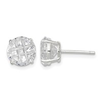 Sterling Silver 8mm Round Basket Set Laser-cut CZ Stud Earrings view 1