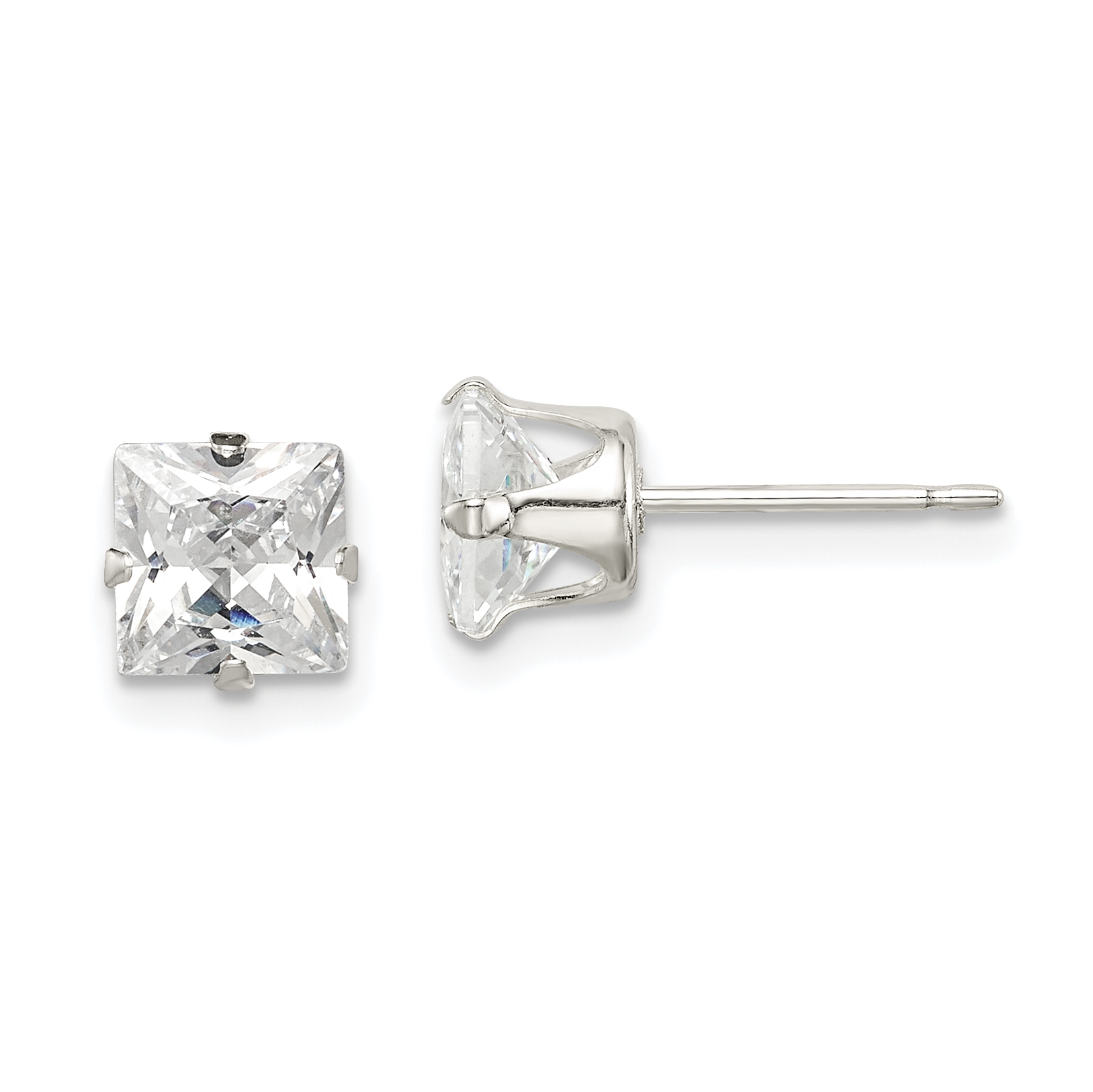 Sterling Silver 6mm Square Snap Set CZ Stud Earrings (QE7502)