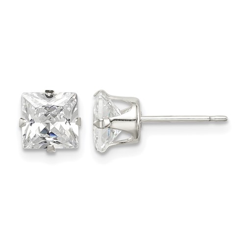 Sterling Silver 6mm Square Snap Set CZ Stud Earrings