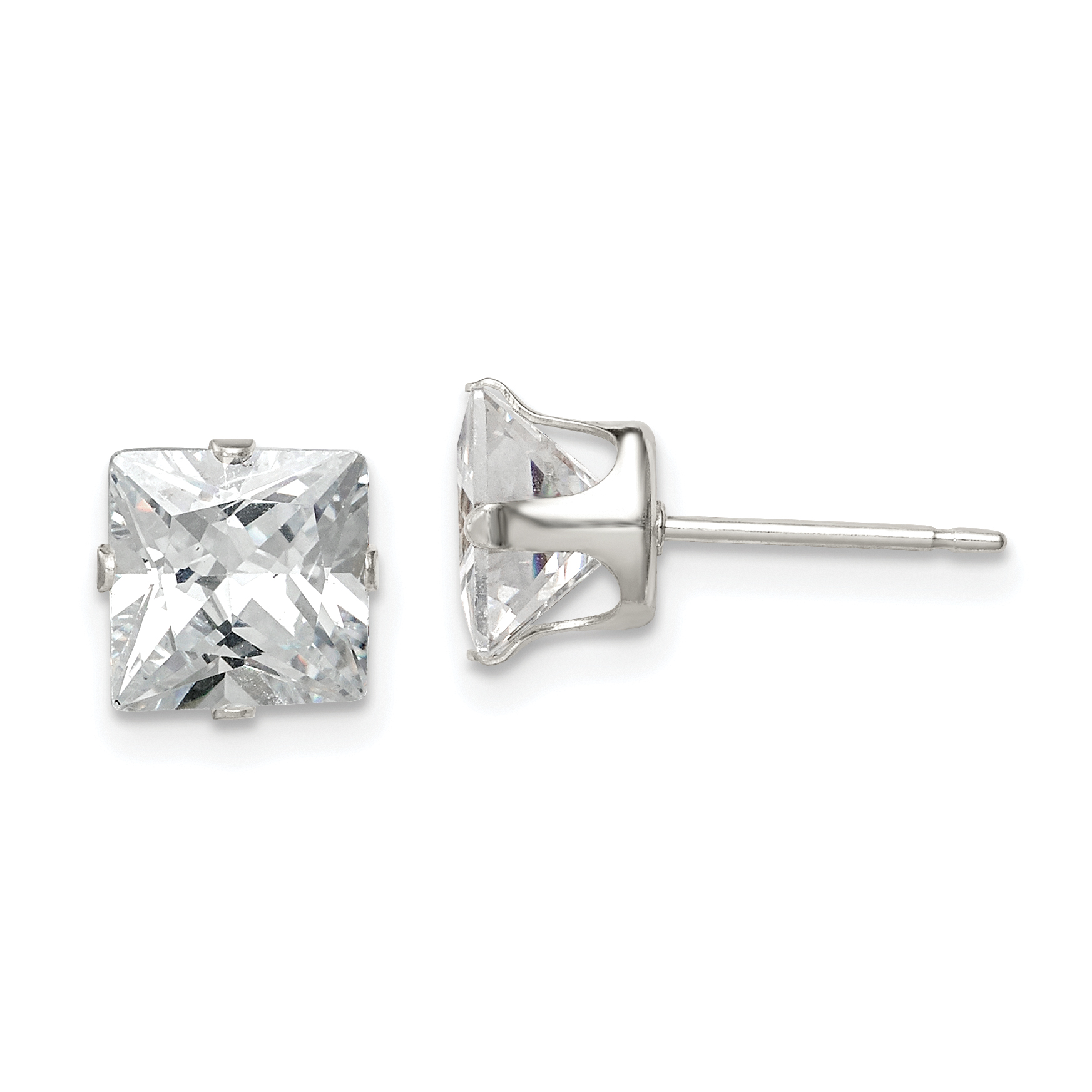 Sterling Silver 7mm Square Snap Set CZ Stud Earrings (QE7503)