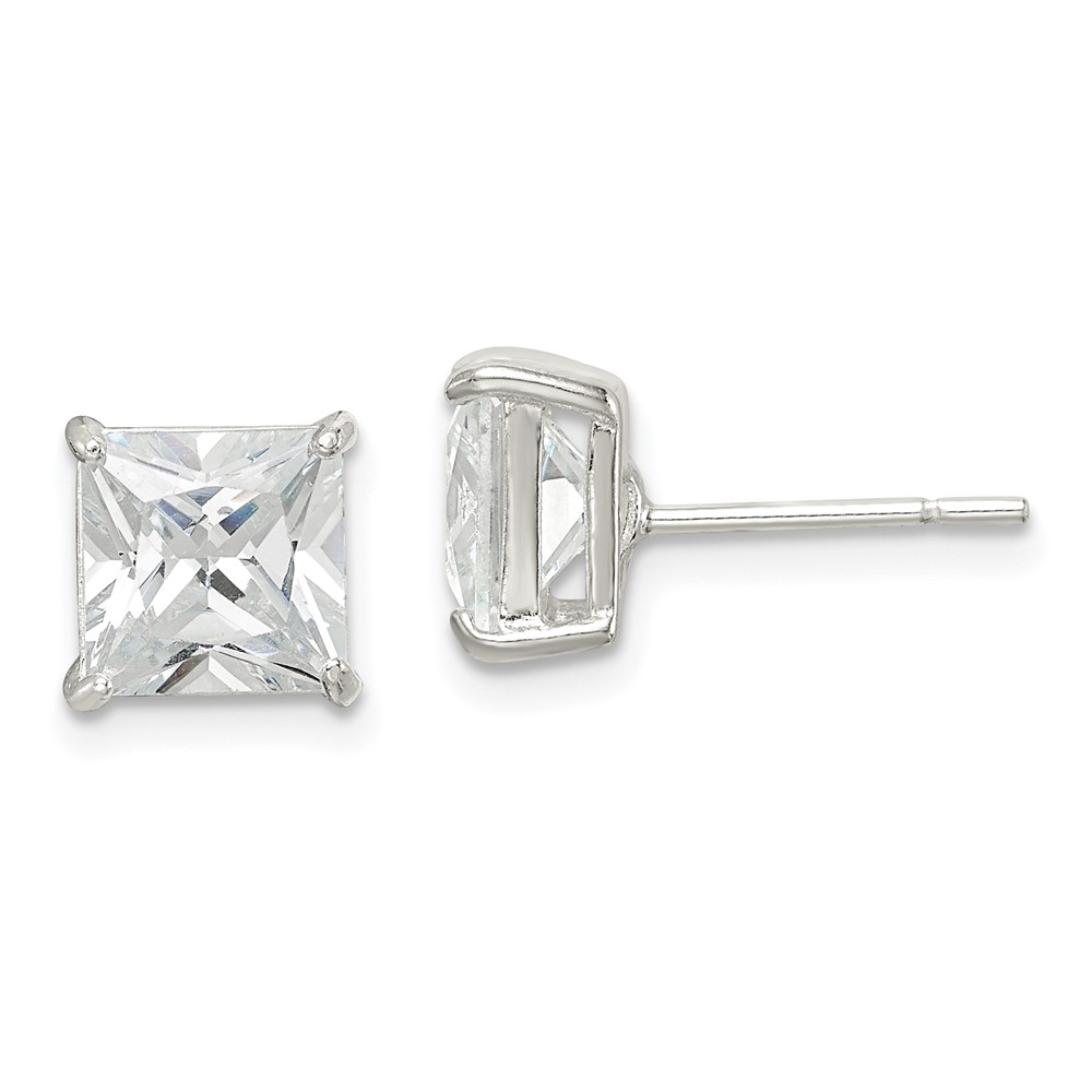 Sterling Silver 7mm Square CZ Basket Set Stud Earrings (QE7507)