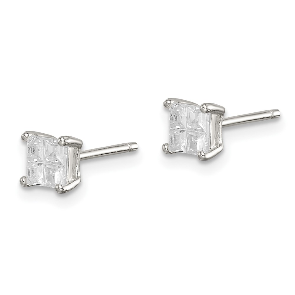 Sterling Silver 4mm Square Cross-cut CZ Basket Set Stud Earrings (QE7517)