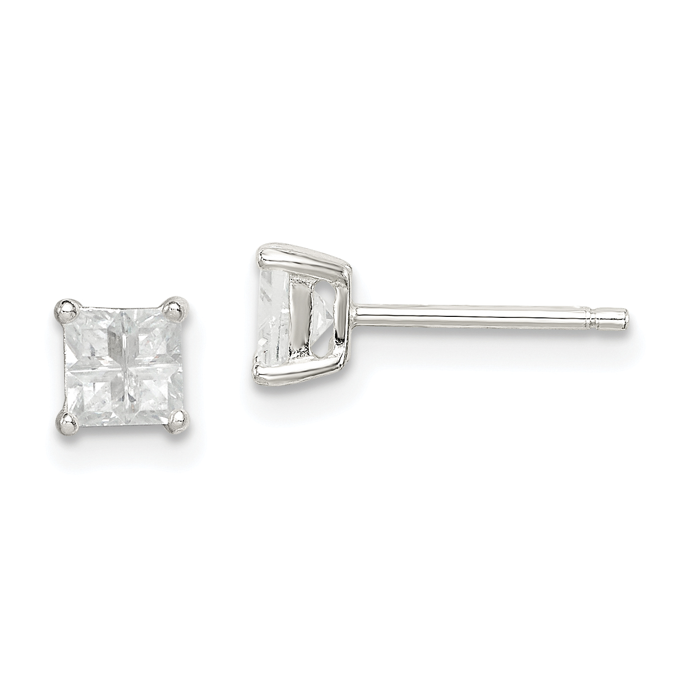 Sterling Silver 4mm Square Cross-cut CZ Basket Set Stud Earrings (QE7517)