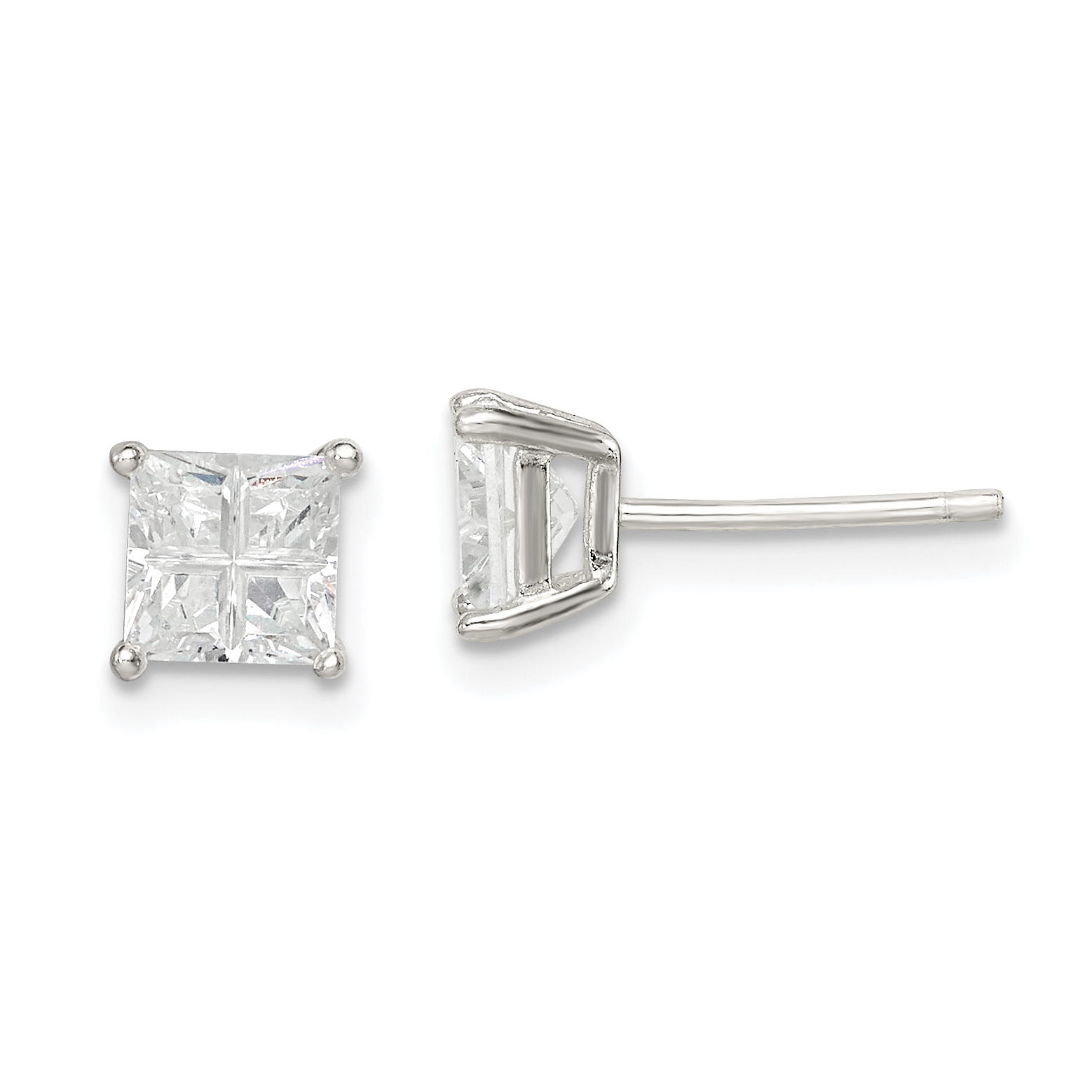 Sterling Silver 5mm Square Cross-cut CZ Basket Set Stud Earrings (QE7518)