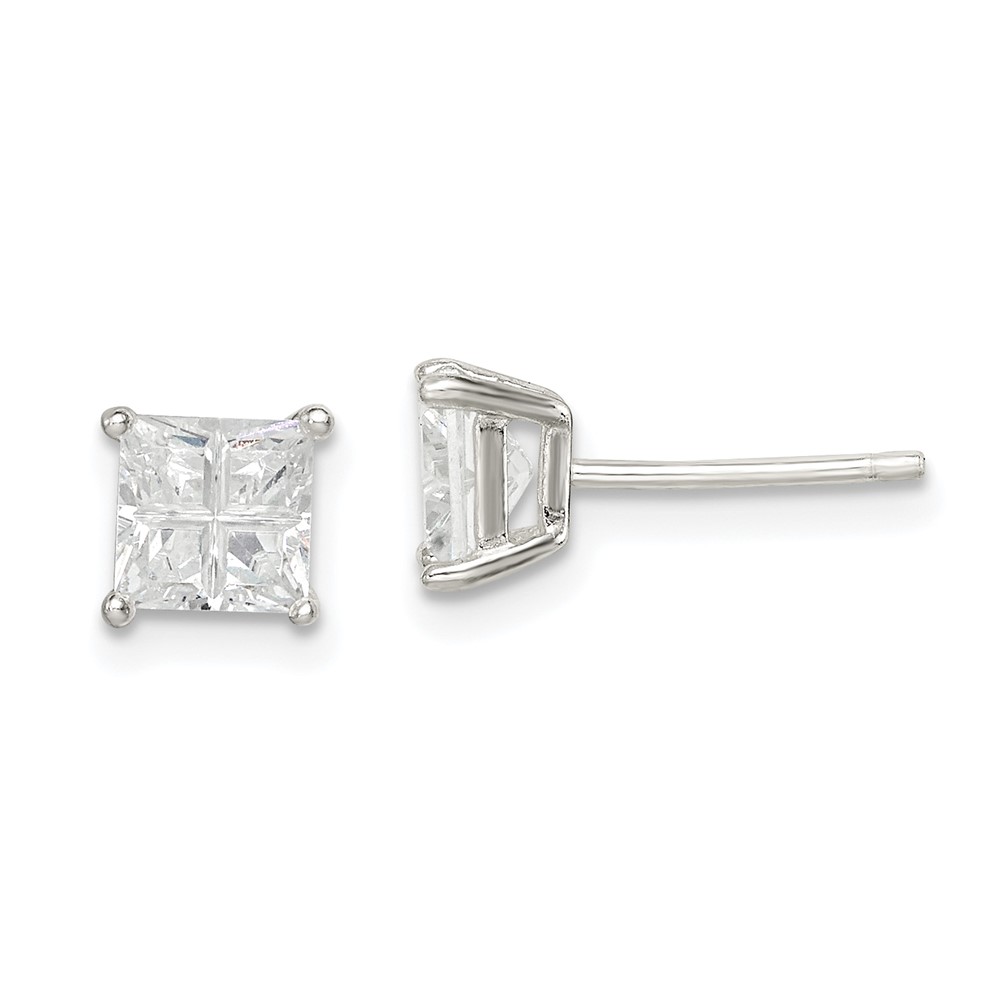 Sterling Silver 5mm Square Cross-cut CZ Basket Set Stud Earrings (QE7518)