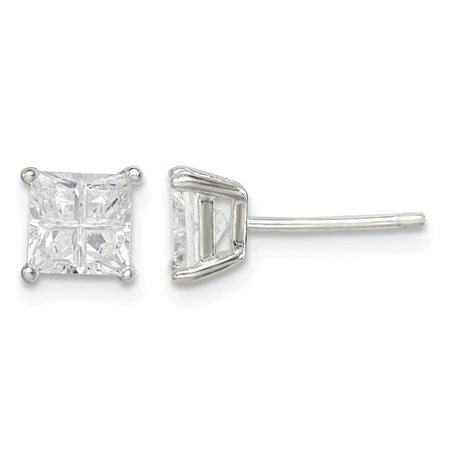 Sterling Silver 5mm Square Cross-cut CZ Basket Set Stud Earrings