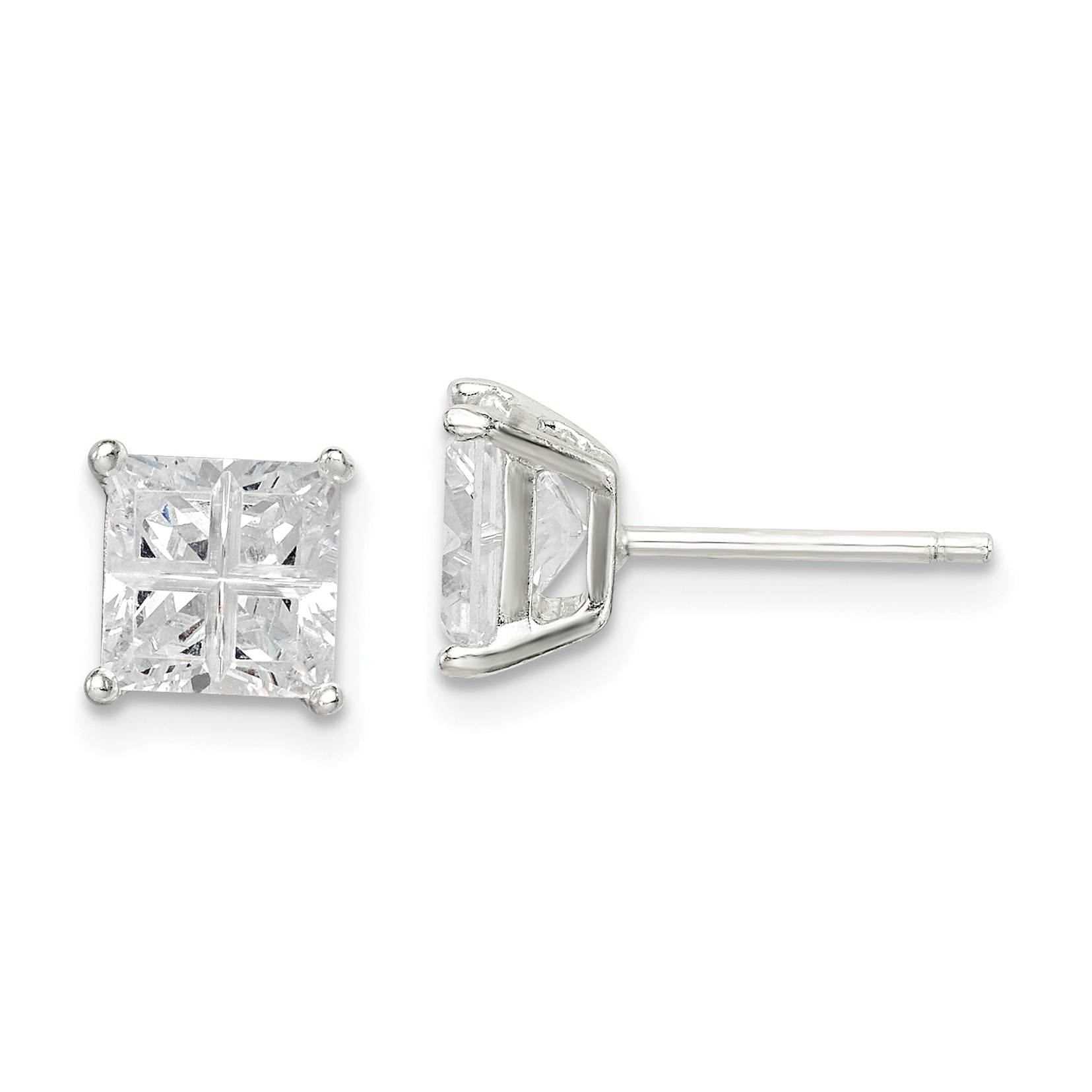 Sterling Silver 6mm Square Cross-cut CZ Basket Set Stud Earrings (QE7519)
