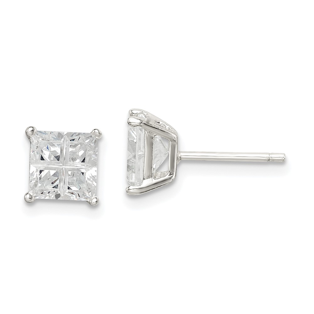 Sterling Silver 6mm Square Cross-cut CZ Basket Set Stud Earrings (QE7519)