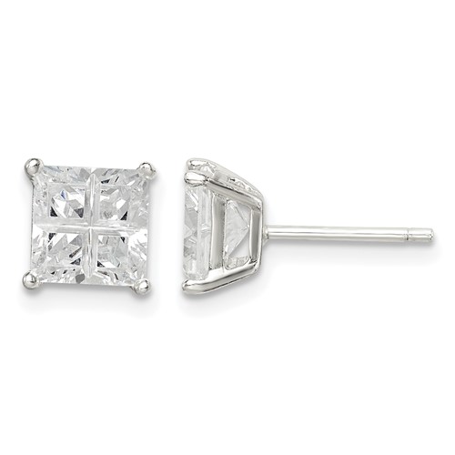 Sterling Silver 6mm Square Cross-cut CZ Basket Set Stud Earrings