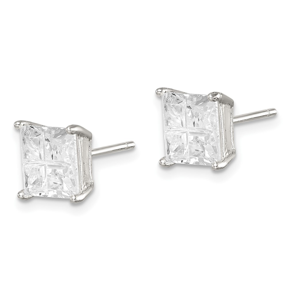 Sterling Silver 7mm Square Cross-cut CZ Basket Set Stud Earrings (QE7520)